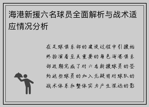 海港新援六名球员全面解析与战术适应情况分析