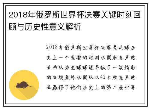 2018年俄罗斯世界杯决赛关键时刻回顾与历史性意义解析