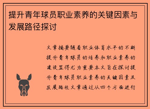 提升青年球员职业素养的关键因素与发展路径探讨